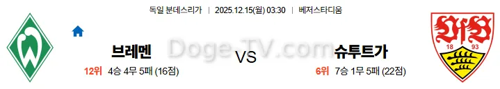 12월15일 브레멘 슈투트가르트 분데스리가 스포츠무료중계 스포츠분석