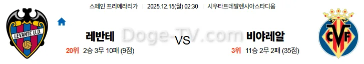 12월15일 레반테 비야레알 라리가 스포츠무료중계 스포츠분석