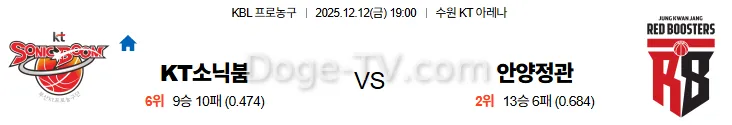 12월12일 수원KT 안양정관장 국내농구 스포츠무료중계 스포츠분석
