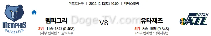 12월13일 멤피스 유타재즈 NBA 스포츠무료중계 스포츠분석
