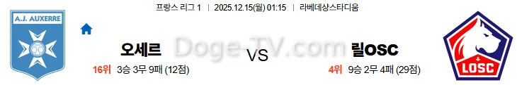12월15일 오세르 릴OSC 리그1 스포츠무료중계 스포츠분석