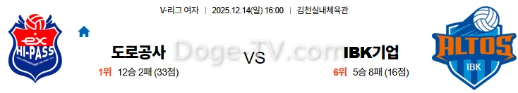 12월14일 한국도로공사 IBK기업은행 국내배구 스포츠무료중계 스포츠분석