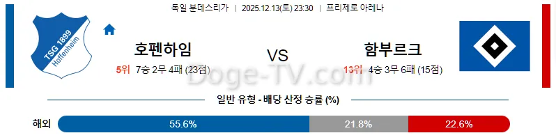 12월13일 TSG 1899 호펜하임 함부르크 해외축구분석 스포츠무료중계 스포츠분석